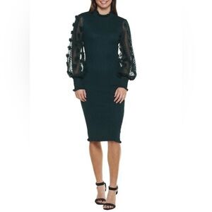 Almost Famous Women’s Green Ribbed Bodycon Midi Dress Sheer Puff Sleeves Size XL